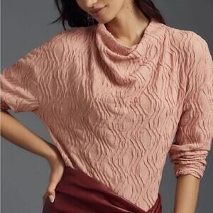 Anthropologie Textured Funnel Neck Long Sleeve Top Rose Pink XS